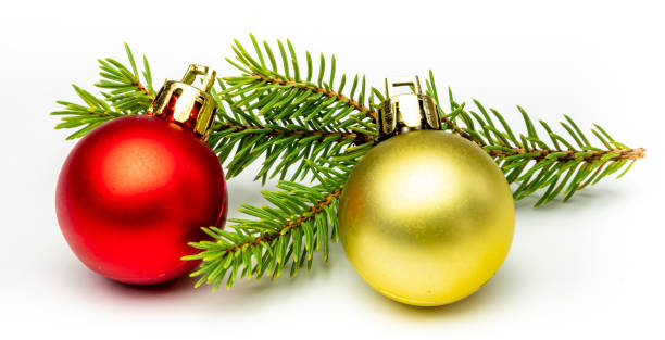 istock Panorama fir branch with christmas baubles isolated 1187997318