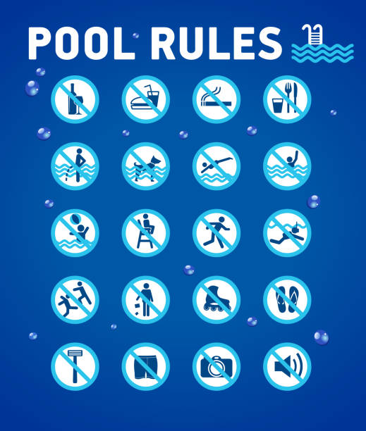 Swimming pool rules on blue with desihn elements-waterdrops. Set of icons and symbol for pool. Swimming pool rules. Icons and symbol for pool. competition group stock illustrations