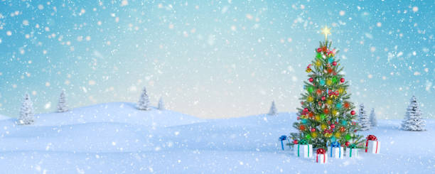 istock Decorated Christmas tree and gifts outdoors falling snow 3d render 1187997734