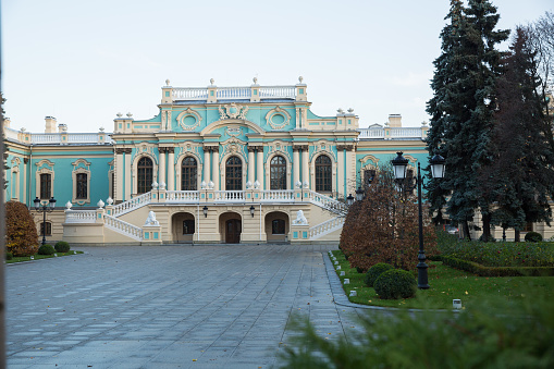 City Kiev, Ukraine. City park with a beautiful ancient castle and historic architecture.11.11.2019