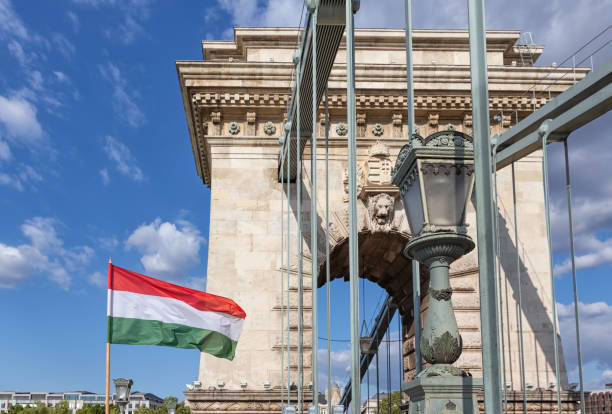 istock Hungarian flag at chain bridge Budapest, Hungary 1187999657