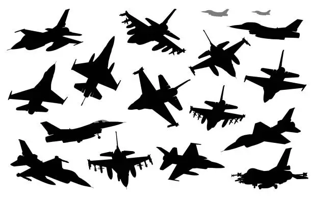 Vector illustration of Collection of vector fighters. Detailed silhouettes