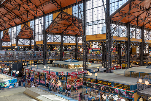 Budapest, Hungary - Juli 10, 2019: Shopping people in Great Market Hall Budapest, the largest and oldest indoor market in Budapest, Hungary,