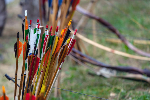 istock Bunch colourful of bow arrows for archery. Archer competition, shooting at target 1188004008