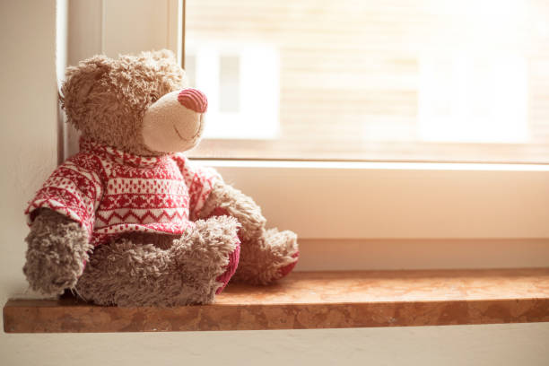 istock Leaving concept: Teddy bear is looking out of the window 1188006345