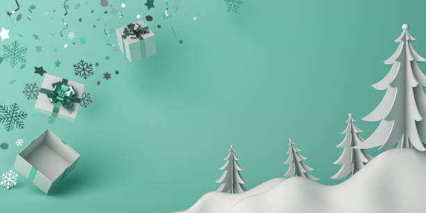 istock Winter abstract background design creative concept, gift box, snow icon, pine, spruce, fir tree art paper cut origami with green mint  background. Copy space text area. 1188006492