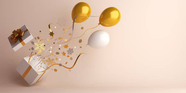 istock Winter abstract design creative concept, gift box, gold silver balloon,  snow icon confetti glitter scattering on background. 1188006500