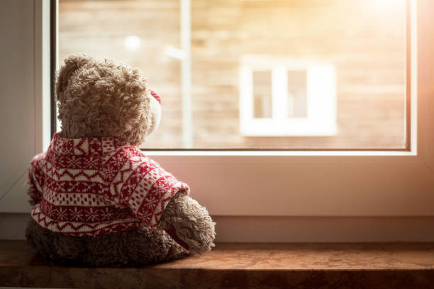istock Leaving concept: Teddy bear is looking out of the window 1188006645