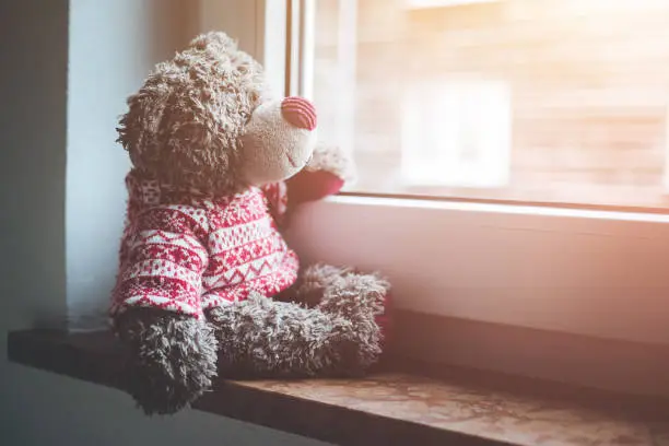 Cute teddy bear is sitting on the windowsill, looking out of the window