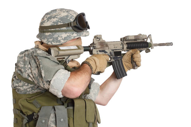 istock US ARMY soldier with assault rifle on white background 1188007502