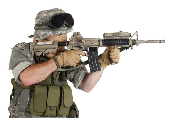 istock US soldier with assault rifle on white background 1188007673