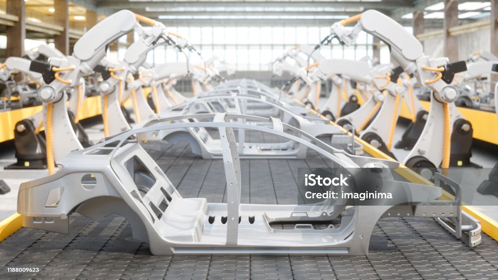 Industrie 4.0 - Industrieroboter an der Montagelinie der Automatischen Automobilfabrik - Lizenzfrei Auto Stock-Foto