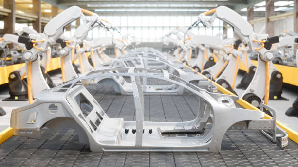 промышленность 4.0 - промышленные роботы на сборочной линии завода по производству автоматических автомобилей - car industry robot arm car plant стоковые фото и изображения