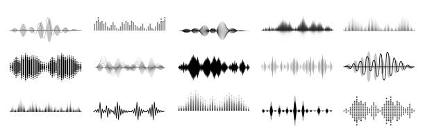 Black sound waves. Abstract music wave, radio signal frequency and digital voice visualisation. Tune equalizer vector set. Audio lines, soundwaves rhythm, soundtrack shape isolated on white background Black sound waves. Abstract music wave, radio signal frequency and digital voice visualisation. Tune equalizer vector set. Monochrome volume audio lines, soundwaves rhythm isolated on white background soundtrack stock illustrations