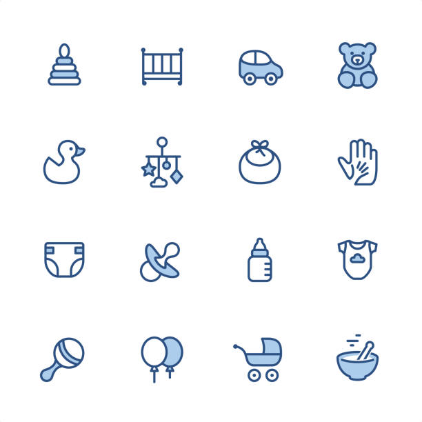 ilustrações de stock, clip art, desenhos animados e ícones de baby goods - pixel perfect blue outline icons - auto mobile