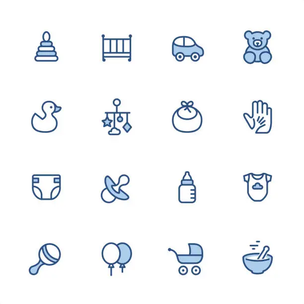 Vector illustration of Baby Goods - Pixel Perfect blue outline icons
