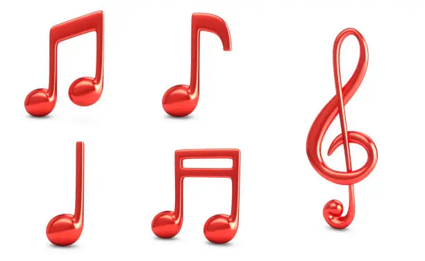 3d Rendering Set Red Music Notes isolated on white background.
