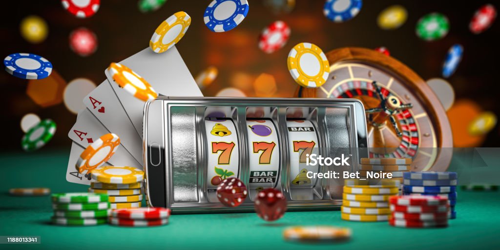 Online casino. Smartphone or mobile phone, slot machine, dice, cards and roulette on a green table in casino. 3d Online casino. Smartphone or mobile phone, slot machine, dice, cards and roulette on a green table in casino. 3d illustration Casino Stock Photo
