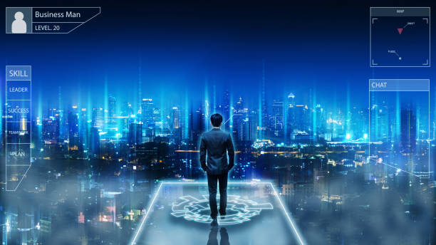 istock Business man on future network city 1188016180