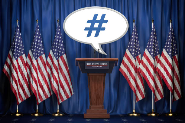 message , tweet or speech bubble of the president of usa in white house. space for text. - government flag american culture technology imagens e fotografias de stock