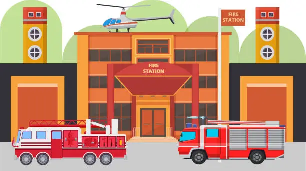 Vector illustration of Modern fire station building facade and fire cars vector illustration. Fire vehicles with equipment ready to emergency, watchtowers, helicopter, garage.
