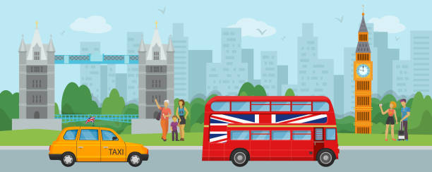 ilustrações de stock, clip art, desenhos animados e ícones de london great britain tourism travel concept and people tourists vector illustration. landmarks and symbols of london tower bridge, big ben, double decker red bus, taxi. - big ben london england uk double decker bus