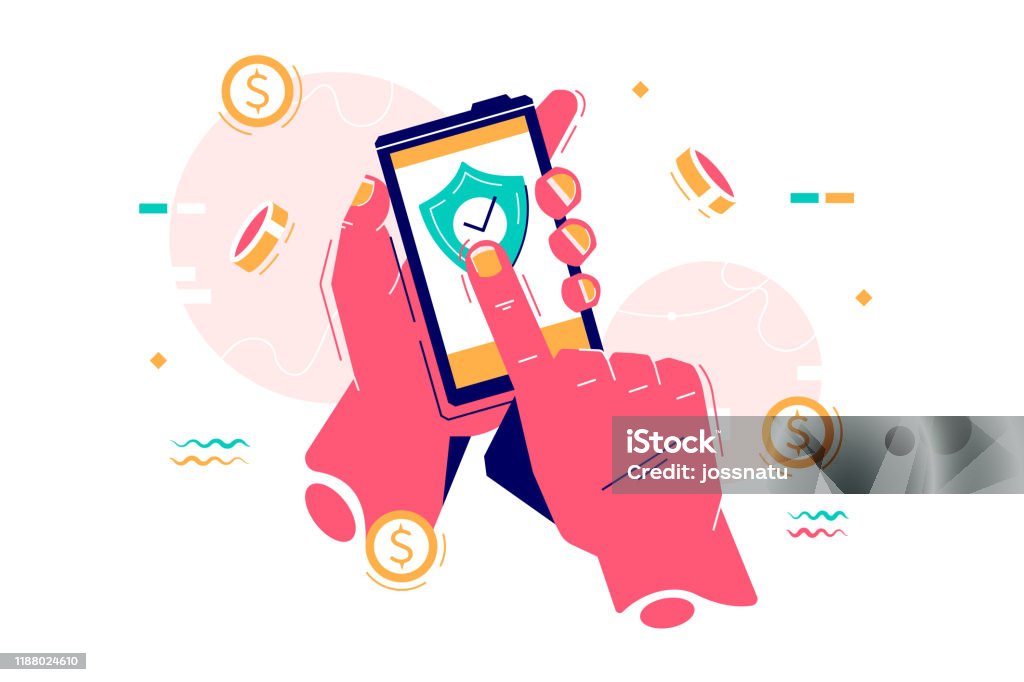 Mobile payment via internet app Mobile payment via internet app vector illustration. Persons hand holding modern smartphone and putting online paying button on screen with secure sign flat style concept Security stock vector