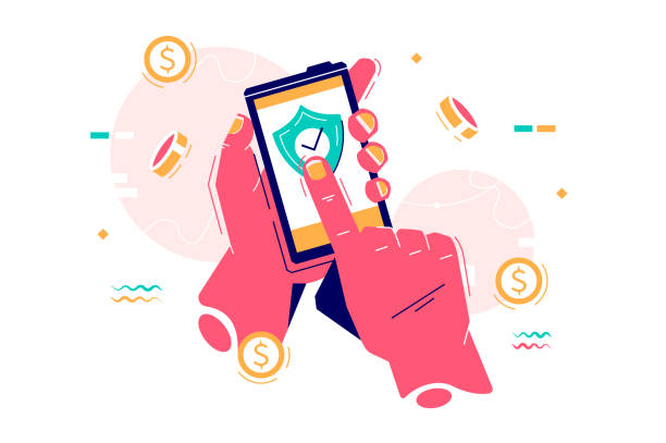 Mobile payment via internet app Mobile payment via internet app vector illustration. Persons hand holding modern smartphone and putting online paying button on screen with secure sign flat style concept banking illustrations stock illustrations