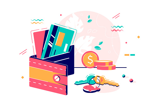 Card wallet with cash vector illustration. Pocket-sized, folding holder for money, coins and plastic cards and bunch of keys flat style design. Finance concept