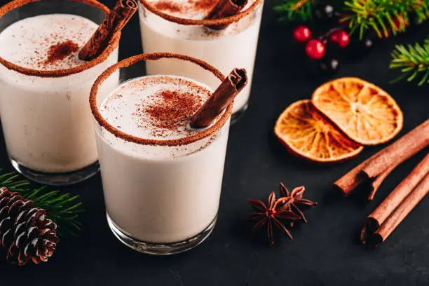Traditional Christmas drink Eggnog with whipped cream and cinnamon on dark stone background. Hot beverage for winter holidays.