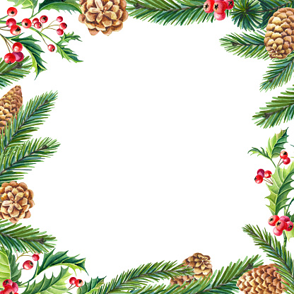 Watercolor Christmas Frame Holly,leaves,berries,pine,green spruce,fir cones on white background.New Year floral composition for greeting card,design.