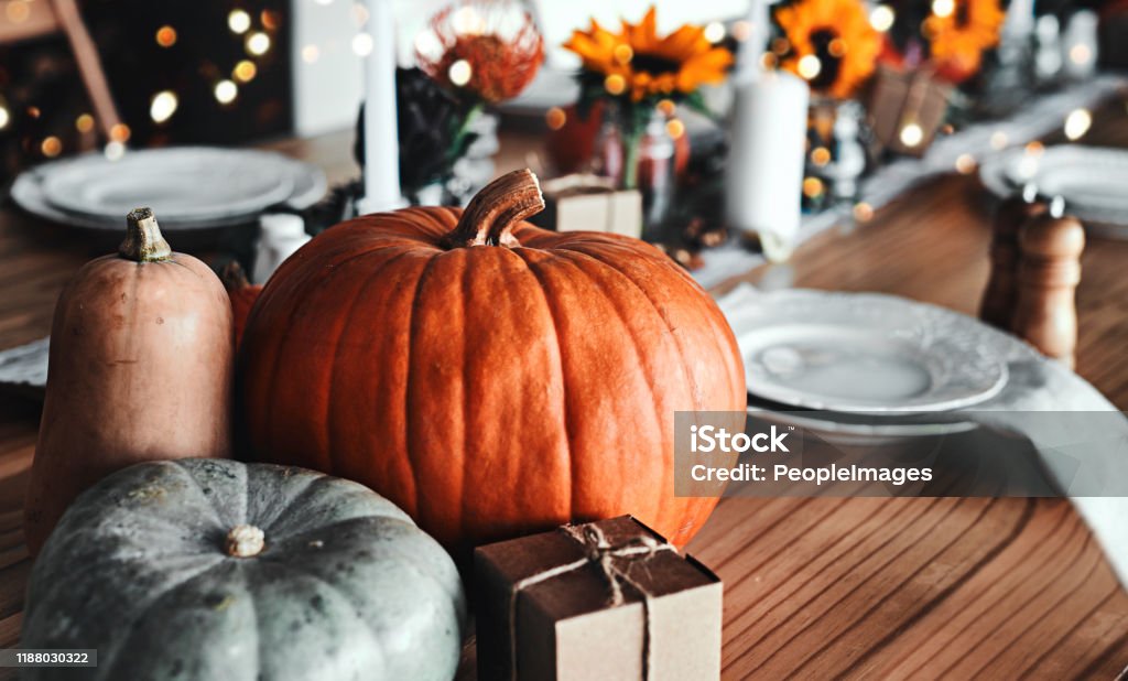 It wouldn't be Thanksgiving without you Shot of a table set up for a Thanksgiving celebration at home Thanksgiving - Holiday Stock Photo