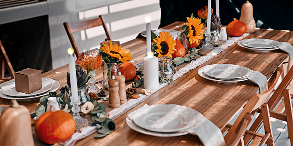 Shot of a table set up for a Thanksgiving celebration at home