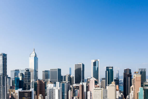 Hong Kong City Drone view Central District - Hong Kong, Hong Kong, Hong Kong Island, Victoria Harbour - Hong Kong, Above central plaza hong kong stock pictures, royalty-free photos & images