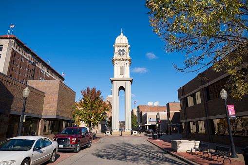 Dubuque, Iowa - November 5, 2019: The Dubuque Town Clock, built in 1873, was moved from a building to this location on Main Street in 1971.