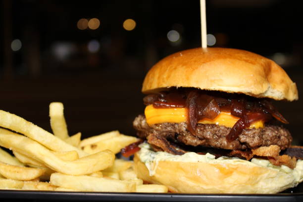 istock homemade beef burger sandwich with chips 1188032823