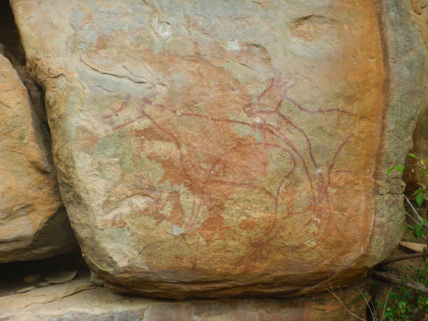 Close-up of ancient San cave paintings representing a archer ,in the Cederberg Mountain area in South Africa .