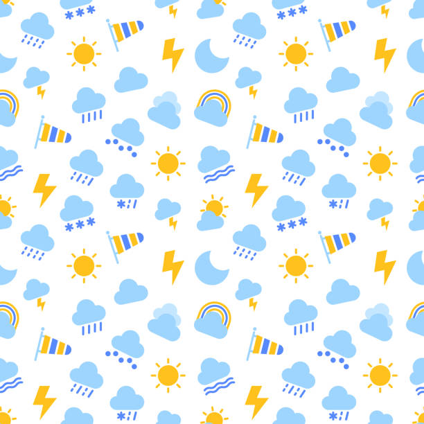 wetter nahtlose muster. flache symbole: regen, bewölkt, teilweise bewölkt, nebel, schnee, gewitter, hagel, schnee, regenbogen. vektor-illustration für mobile app oder widget. - seamless pattern meteorology snowflake stock-grafiken, -clipart, -cartoons und -symbole