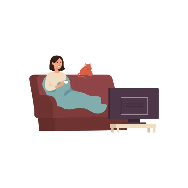 Vector illustration of Young lonely woman watching TV with her cat flat cartoon vector illustration.