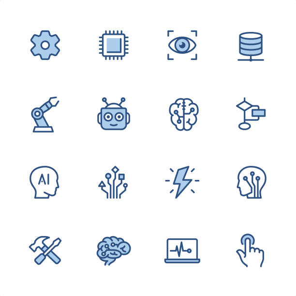 sztuczna inteligencja - ikony niebieskiego konturu pixel perfect - nerve cell brain engineering cell stock illustrations
