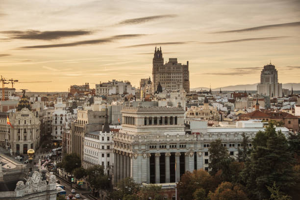 Madrid city centre from above at sunset The city centre of Madrid, Spain, as seen from above under a beautiful sunset sky contemporary madrid european culture travel destinations stock pictures, royalty-free photos & images