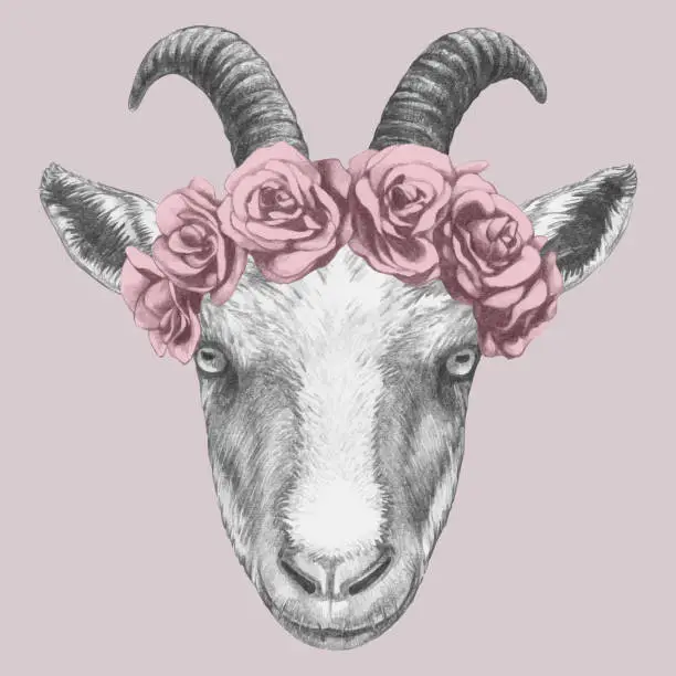 Vector illustration of Portrait of Goat with floral head wreath. Hand-drawn illustration. Vector isolated elements.