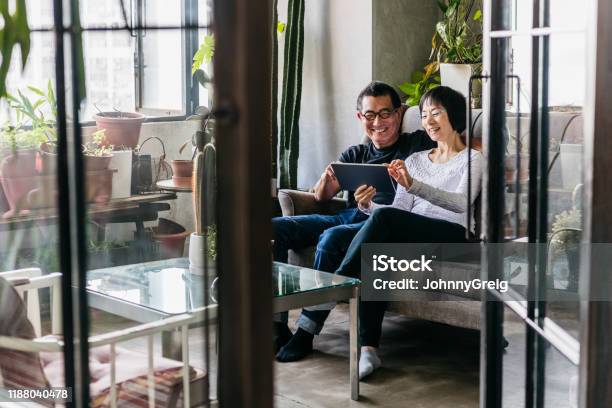 Cheerful Chinese Woman Showing Man Digital Tablet In Conservatory Stock Photo - Download Image Now