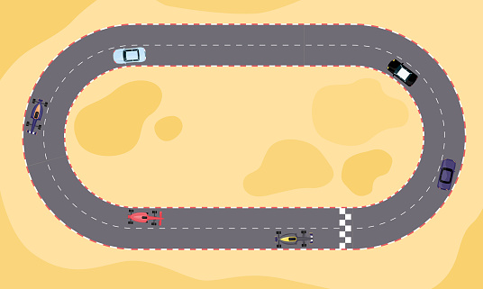 Race car speed competition on cartoon track from top view. Sand terrain with oval loop rally road with start and finish line, flat vector illustration