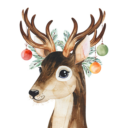 Christmas and New Year collection.Winter composition with conifer branches,toys and cute deer.Handpainted watercolor illustration.Perfect for invitations and greeting cards.
