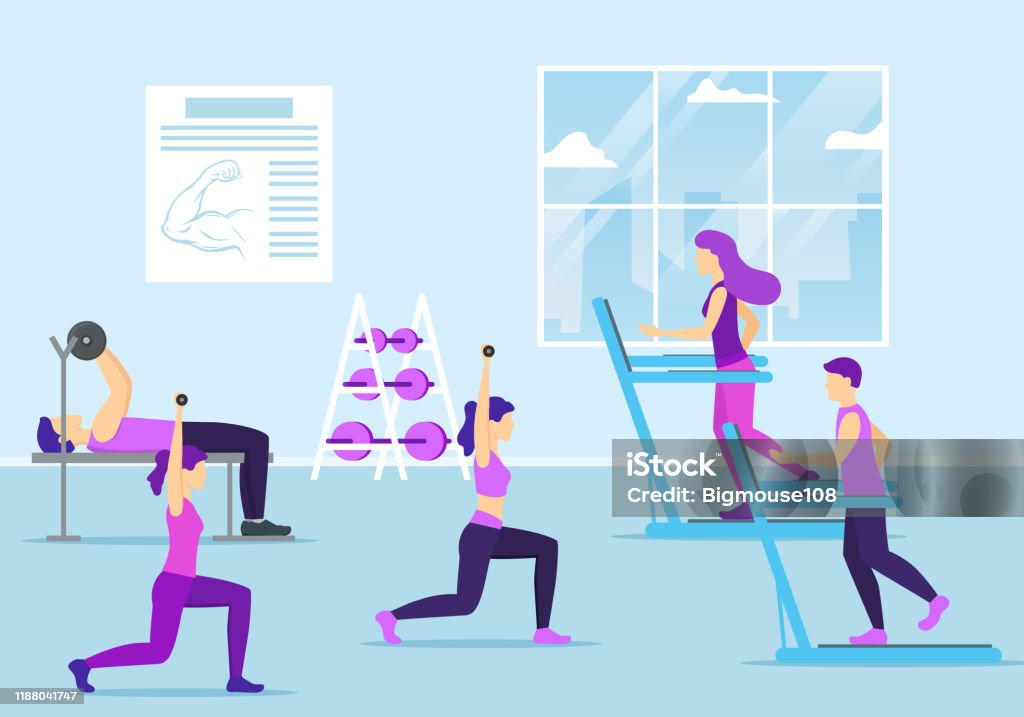 Cartoon Color Characters People And Fitness Gym Concept Vector Stock  Illustration - Download Image Now - iStock