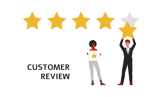 Five stars customer review - cartoon businessman holing up the fifth star and black woman holding thumbs up like button drawing. Isolated flat banner vector illustration on white background