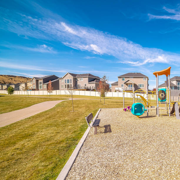 istock Square frame Small kids playground with colorful slides during day 1188042078