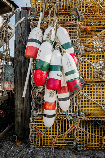 Buoys hanging from lobster pots in Rhode Island