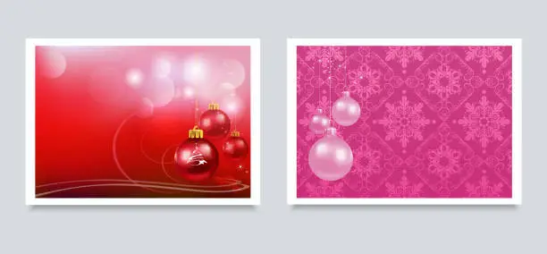 Vector illustration of Christmas cards, banners for your design. Two images with Christmas balls on a red and pink background in retro style. Template for New Year cards, posters, invitations